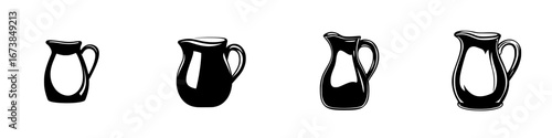 Minimalist black-and-white vector illustration of simple silhouettes of various pitchers in a row