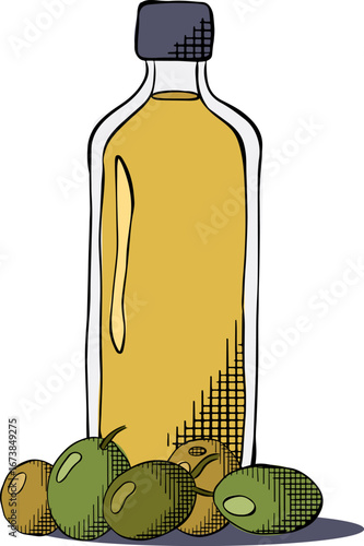 Olive oil bottle composition. Vector graphic line ink colored illustration. Olive oil, bottle, branch, berries, green leaves Extra virgin olive oil. texture for bedsheets, pajamas, wrapping papers.