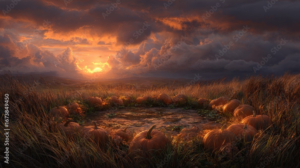 Fototapeta premium Ethereal Sunset Over Pumpkin Patch Circle, Dramatic Clouds, Golden Hour Glow.