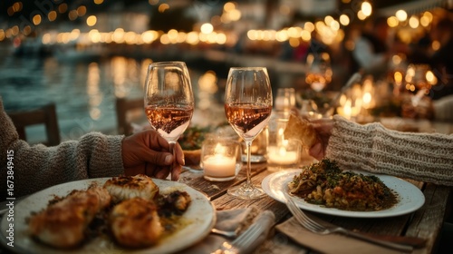 Romantic dinner by the water with wine and food, illuminated by soft evening lights and candles creating a cozy atmosphere
