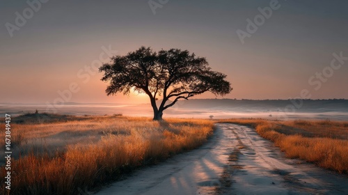 Solitary tree stands tall on a misty morning along a dirt road, bathed in the warm glow of the sunrise