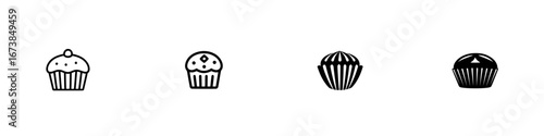 Minimalist vector illustrations of four distinct cupcake silhouettes in black and white for dessert-themed design projects