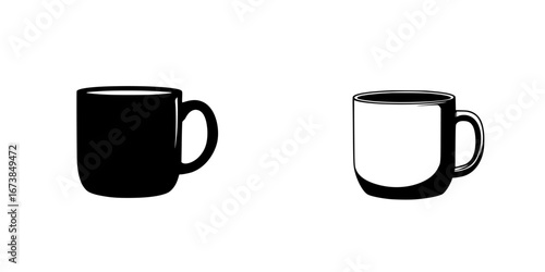 Minimalist black-and-white vector illustration of simple coffee mugs showcasing contrasting designs