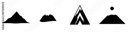 Minimalist black and white vector illustration of mountain silhouettes representing various shapes and heights