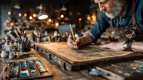 An artist with a beard is drawing on a large sheet of paper with a pencil in his workshop, surrounded by art supplies and tools