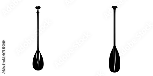 Minimalist icon of two kayak paddles in black-and-white design suitable for outdoor adventure themes and water sports activities