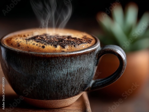 Closeup of a steaming cup of coffee with rich foam and dark grounds, set against a blurred background with a plant