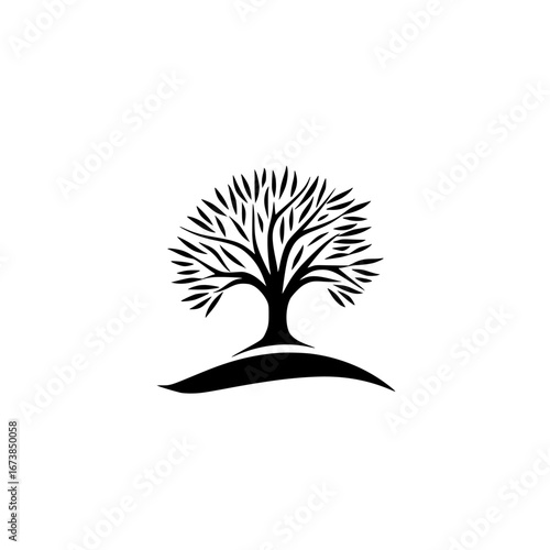 Minimalist black-and-white vector illustration of a tree silhouette on a hilltop with intricate branches and leaves
