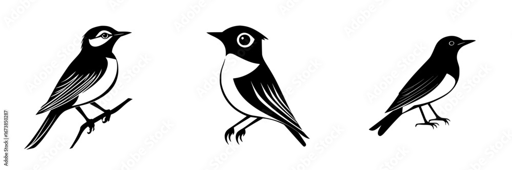 Obraz premium Minimalist black-and-white vector illustration of three birds perched on branches in a simple silhouette style