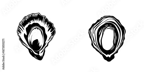 Black and white vector illustration of minimalist oyster silhouettes in a simplistic design