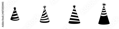 Colorful party hats in black-and-white minimalist vector style perfect for festive occasions and celebrations