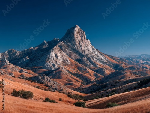 A majestic mountain peak stands tall against a clear blue sky, with golden hills and dry grass in the foreground during sunset