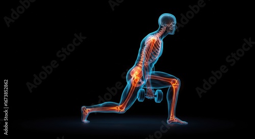 Anatomical visualization of a man performing a dumbbell lunge, with the skeletal system and joints highlighted.