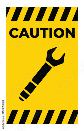 Caution Sign Featuring Wrench Icon on Yellow Background with Stripes