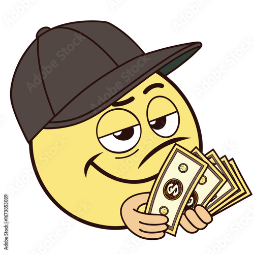 Cool emoji wearing cap holding money cash celebrating wealth and financial success