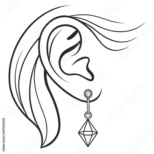 Elegant ear outline with dangle gemstone earring simple line art design