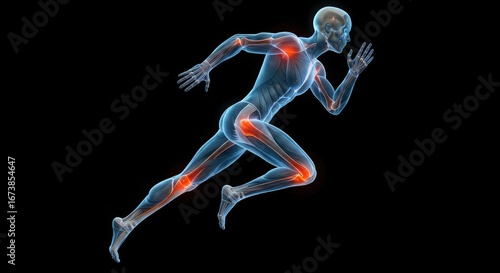 3D rendering of a running athlete with highlighted joints.