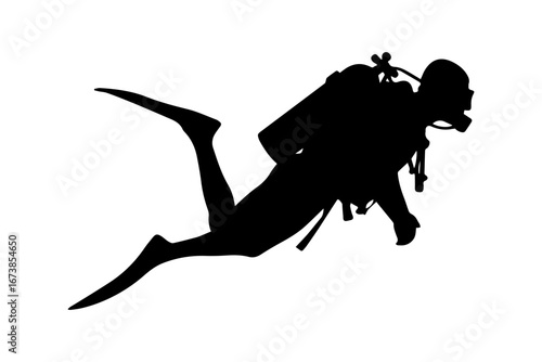 Silhouette of a scuba diver swimming underwater
