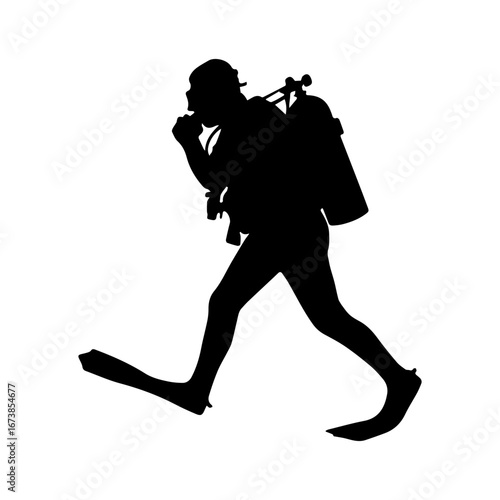 Silhouette of a scuba diver walking with diving gear, preparing to jump into the water