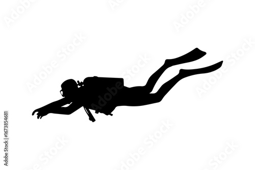 Silhouette of a scuba diver swimming underwater