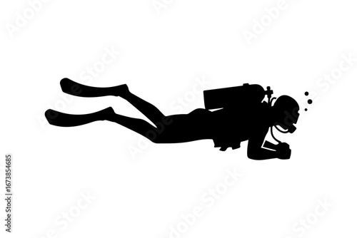 Silhouette of a scuba diver swimming underwater