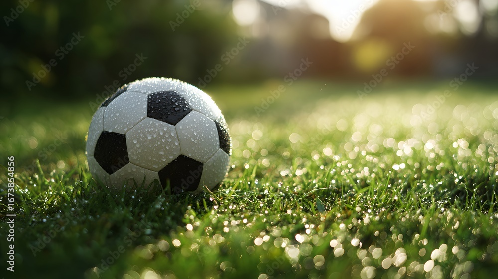 Fototapeta premium Close-up of wet soccer ball on grass field.