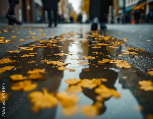 A city street puddle reflects blurry pedestrians; its surface scattered with vibrant yellow autumn leaves on a dreary day.