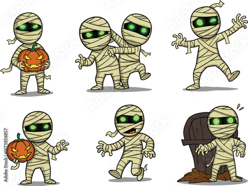 Cute cartoon mummy vector set with glowing green eyes, funny Halloween character illustrations holding pumpkin and rising from grave, spooky horror design for party
