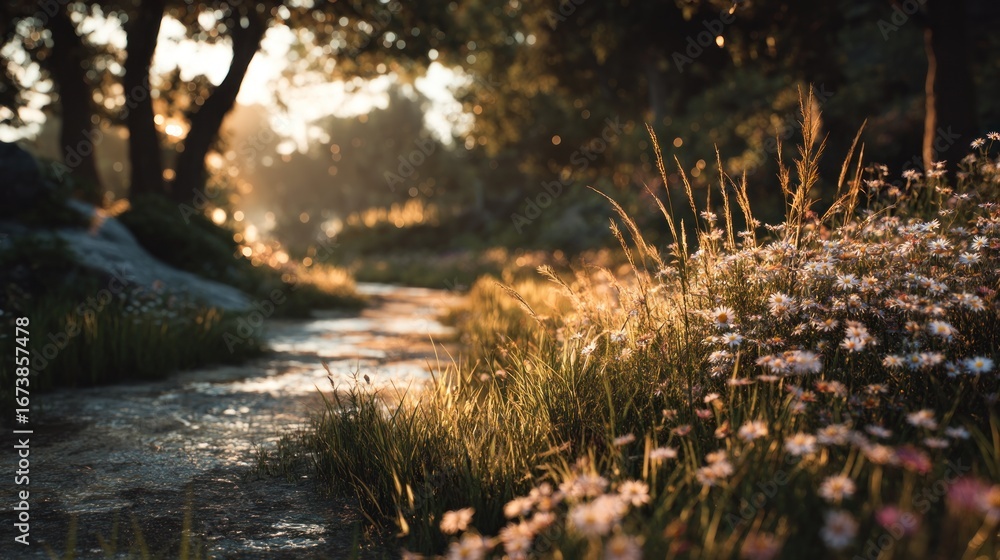 Fototapeta premium Serene Pathway Through a sunlit meadow landscape at dawn with wildflowers