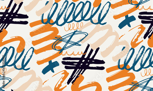 Trendy hand drawn doodle abstract pattern background, bag print, clothes fashion. 100% hand drawn vector image.