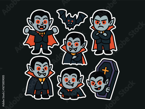 A collection of cartoon vampires and a bat, designed in a flat, illustrative style, with a black background.