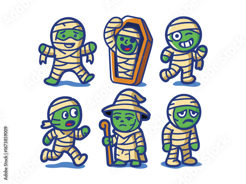 Six cartoon mummies in various poses and expressions, ready for Halloween fun.