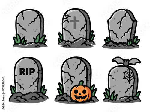 A cartoon illustration featuring six different grey tombstones with various designs and Halloween elements.