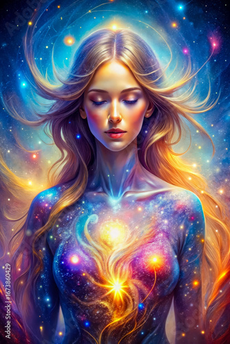 Spiritual cosmic connection with a woman in luminous galaxy aura, blending human and cosmic energy. Use in posters, book covers, ads, and meditation visuals.