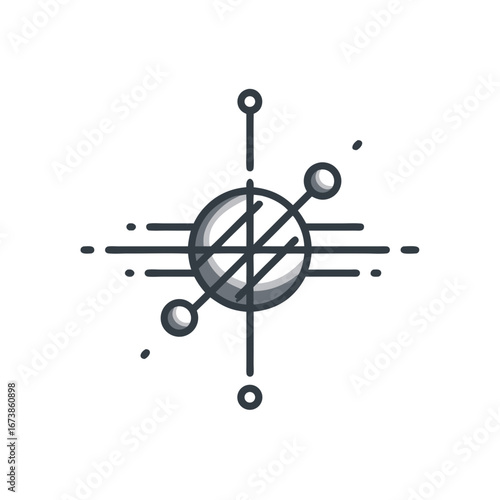 Minimal Black and White Scientific Icon of an Atomic Orbital Core with Intersecting Geometric Lines
