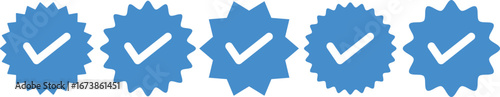 Blue Verified badge icon set. Blue tick check with social media account icon. Set of check mark icons. approved profile sign. white tick in blue circle.
