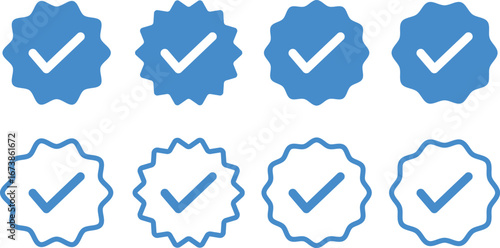 Blue Verified badge icon set. Blue tick check with social media account icon. Set of check mark icons. approved profile sign. white tick in blue circle.
