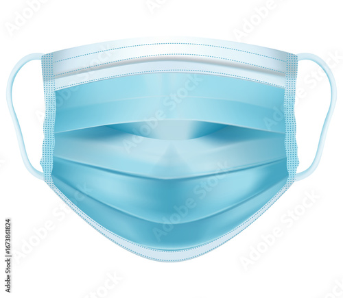 Disposable medical face mask. Protection from airborne particles like viruses (including COVID-19), bacteria, and dust. Used by doctors, patients, medical staff for health and hygiene.