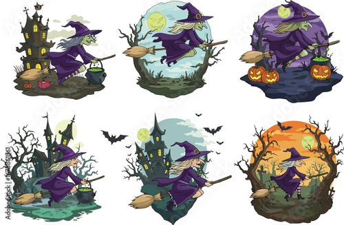 Halloween witches flying on broomsticks with haunted castles, pumpkins, cauldrons, bats, spooky trees, full moon and eerie night skies, creepy holiday illustration vector design