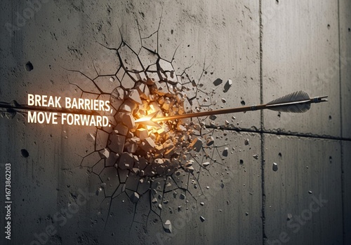 Arrow of Strength: Breaking Barriers and Moving Forward - A powerful arrow pierces concrete, radiating golden light, symbolizing determination, resilience, courage, success, progress.