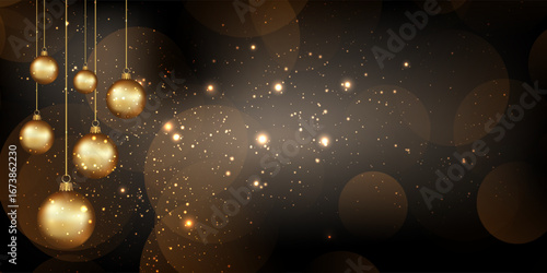 Sparkling Christmas banner with hanging gold baubles 