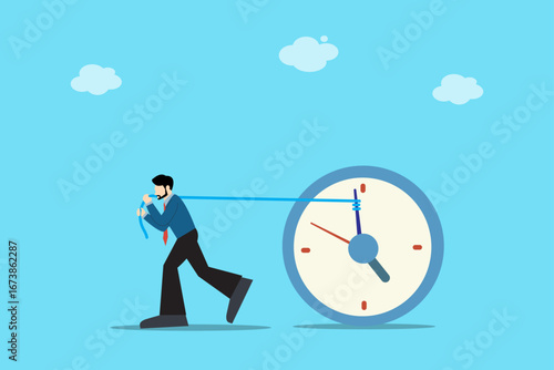 Businessman pulling giant clock. Concept of time management, productivity, business pressure, hard work, and discipline in achieving success in the professional world.