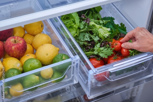 Organized Refrigerator with Produce for a Healthy Lifestyle