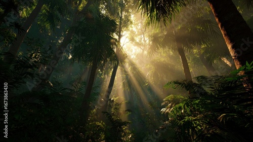 Sunlight streams through lush tropical forest