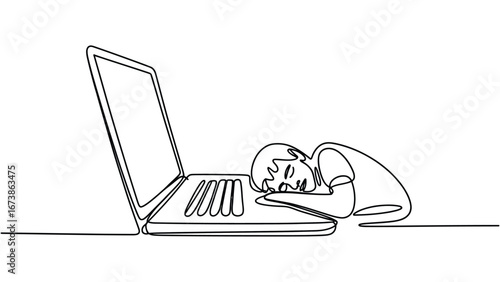 Tired person sleeping on laptop continuous line vector illustration