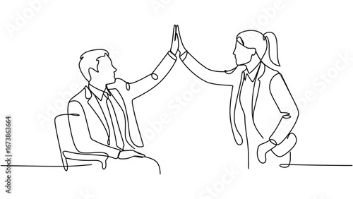 Businessman and businesswoman giving high five continuous line vector illustration