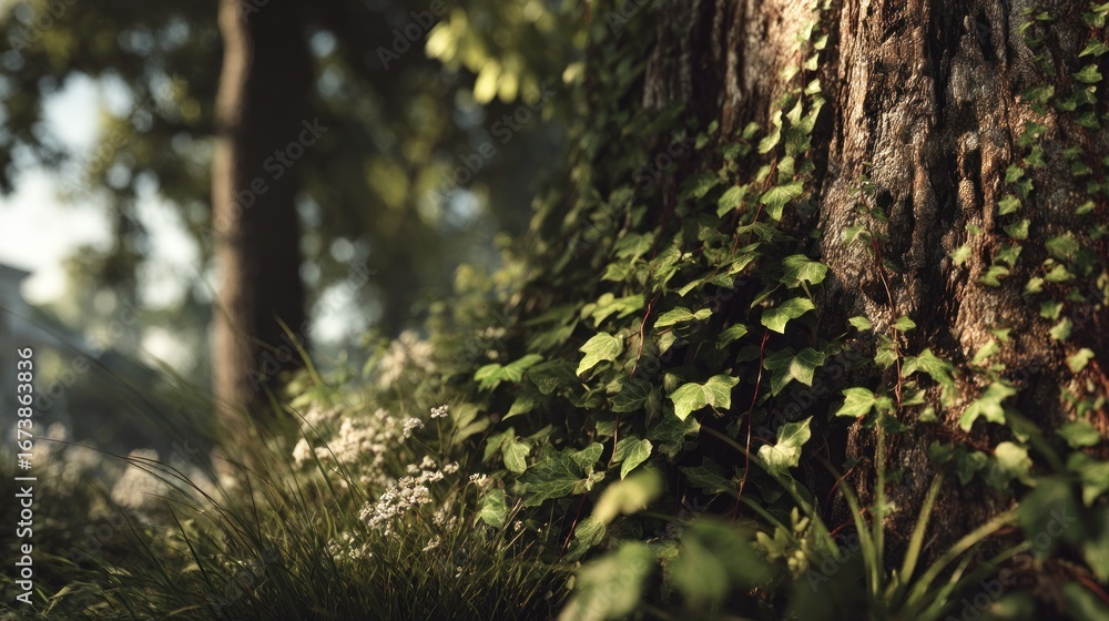 Obraz premium Enchanting Sunlight Through Trees with Ivy Clad Trunk and Wildflowers