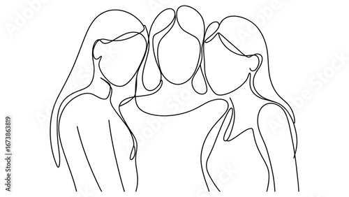 Continuous line drawing of three women friends embracing minimalist outline illustration
