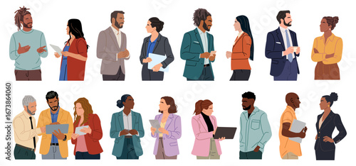 Different business team members standing, talking, communicating, taking part in business activities, meeting, brainstorming, coffee break. Multiracial people vector illustrations isolated.