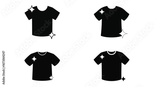 Collection of clean t shirt icons with sparkle symbols in simple black and white design
